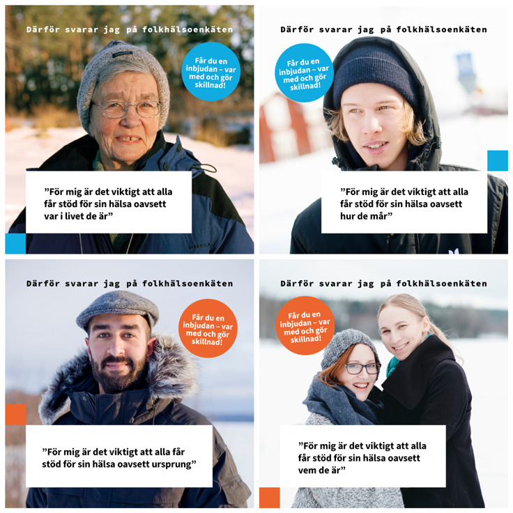 Bildkollage med fyra olika personer som svara på varför de svarar på folkhälsoenkäten