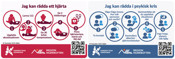 Instruktioner om hur man r&auml;ddar ett hj&auml;rta respektive en m&auml;nniska i psykisk kris.