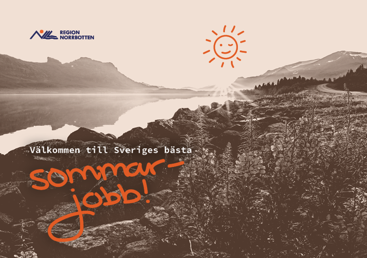 Ett foto av en sjö och berg med texten "Välkommen till Sveriges bästa sommarjobb!".