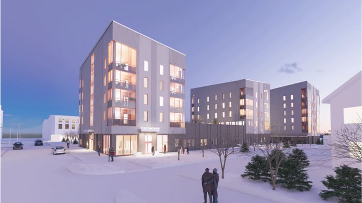 Illustrativ bild av folktandvården och personalbostäderna framtagen av SWECO.
