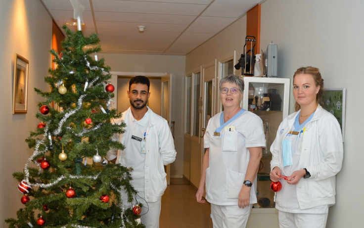 Tre personer som står bredvid en julgran.
