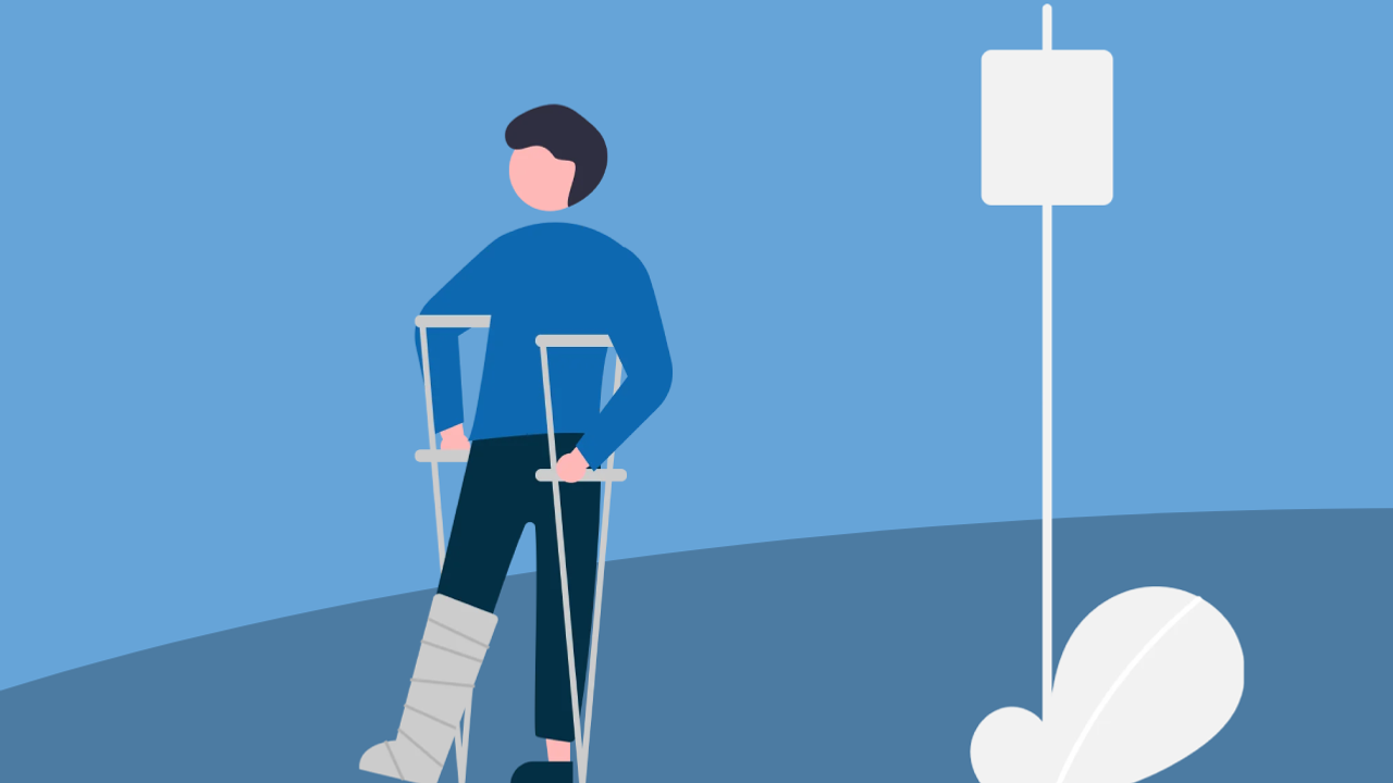 en illustration av en person med ett brutet ben som går med kryckor