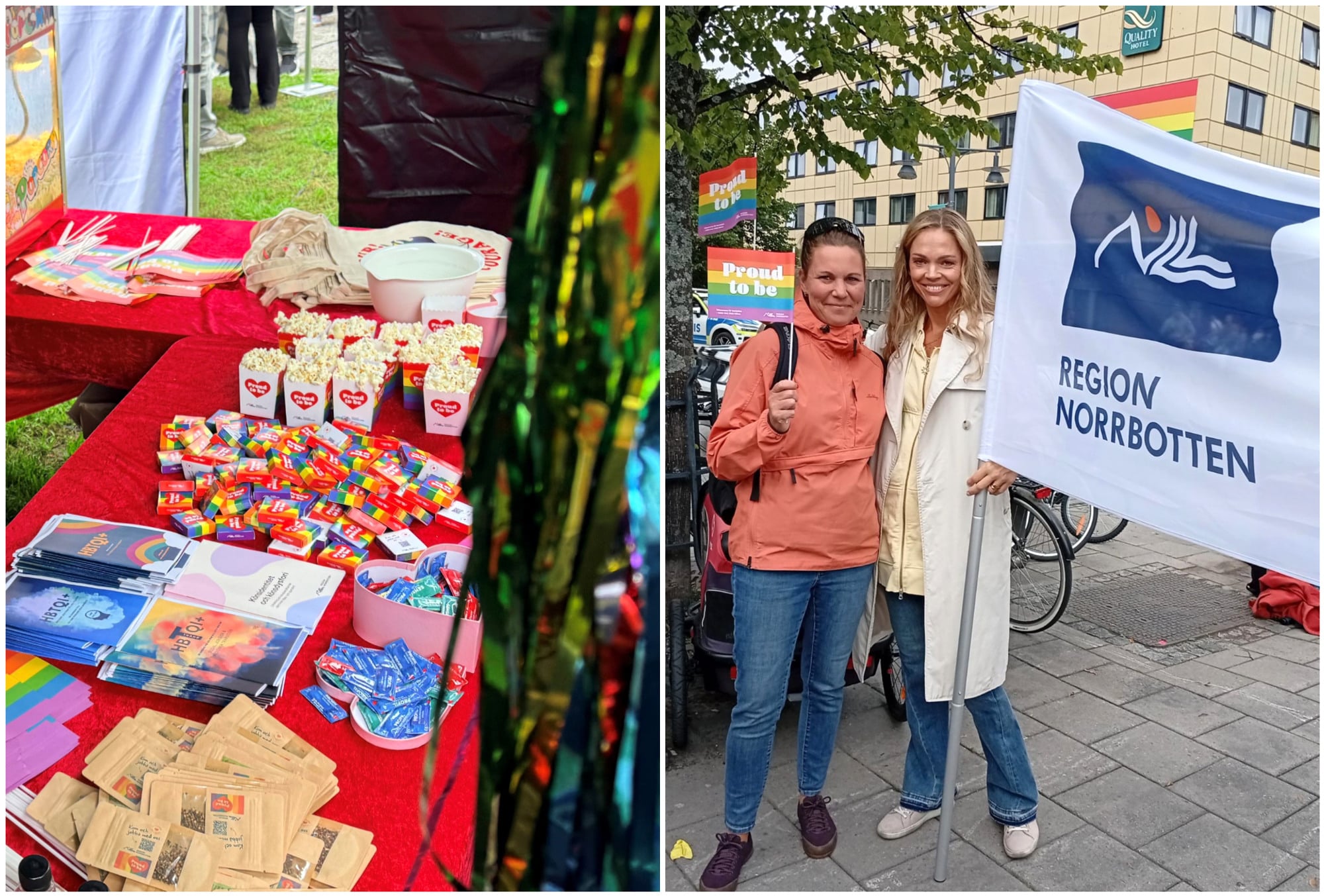 Regionens informationstält på Luleå Pride samt regiondirektör Anna Alm Andersson och hälso- och sjukvårdsdirektör Veronica Arthursson med regionens banderoll i Prideparaden.