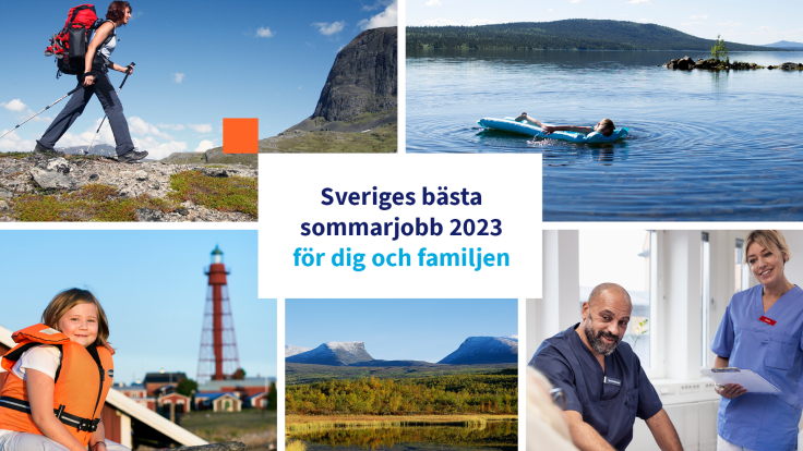 Vykort med naturbilder och vårdpersonal och texten "Sveriges bästa sommarjobb 2023 för dig och familjen".