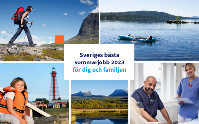 Kollage av sommarbilder och vårdpersonal med texten "Sveriges bästa sommarjobb 2023 för dig och familjen".